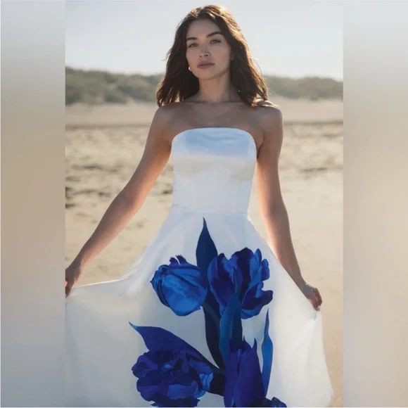 NWT Mac Duggal 21075 Strapless White Blue Floral A-Line Dress Size 14 - Picture 6 of 8